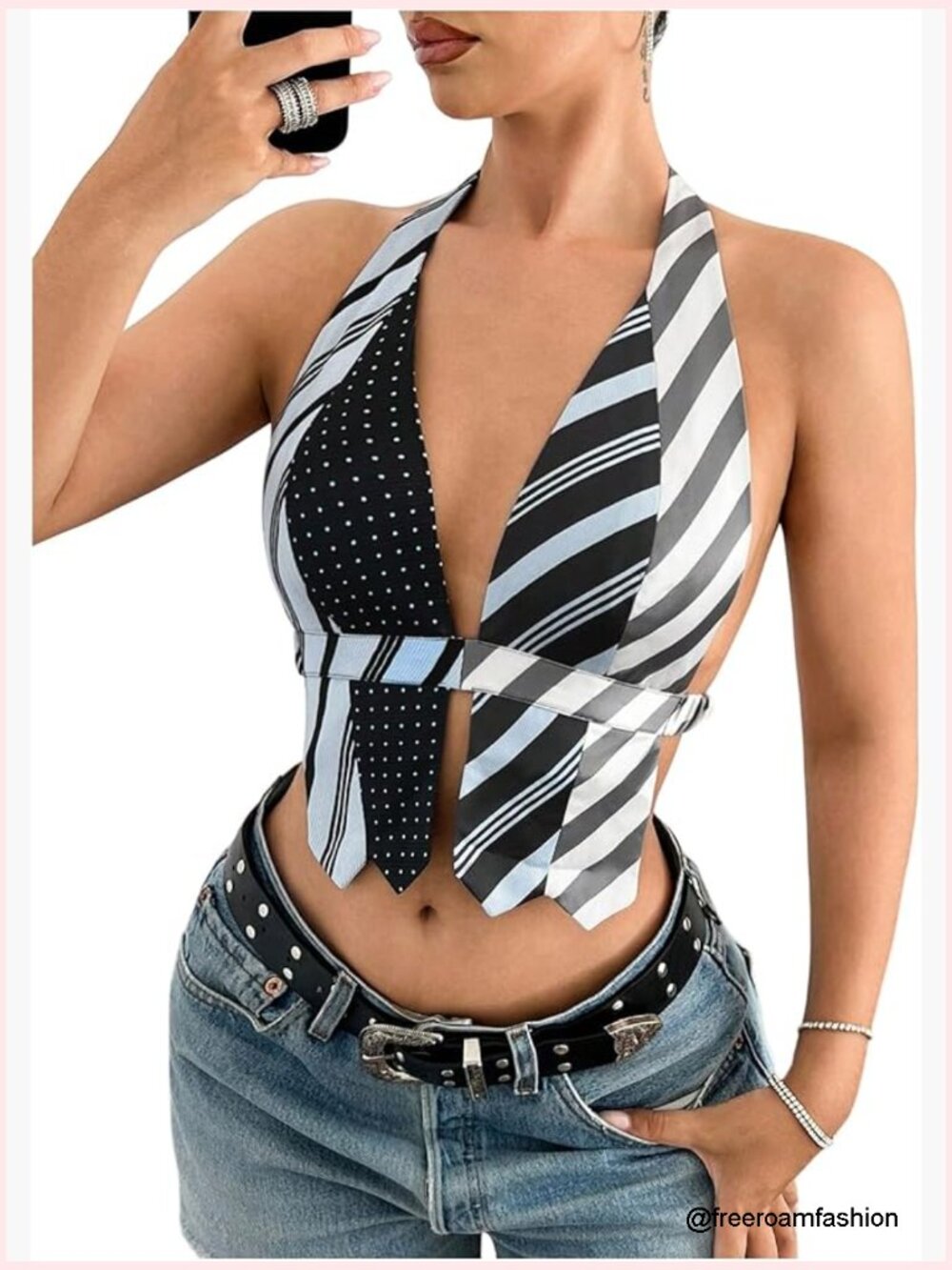 Y2K Halter Crop Tank Top Backless Asymmetrical Striped Polka Dot